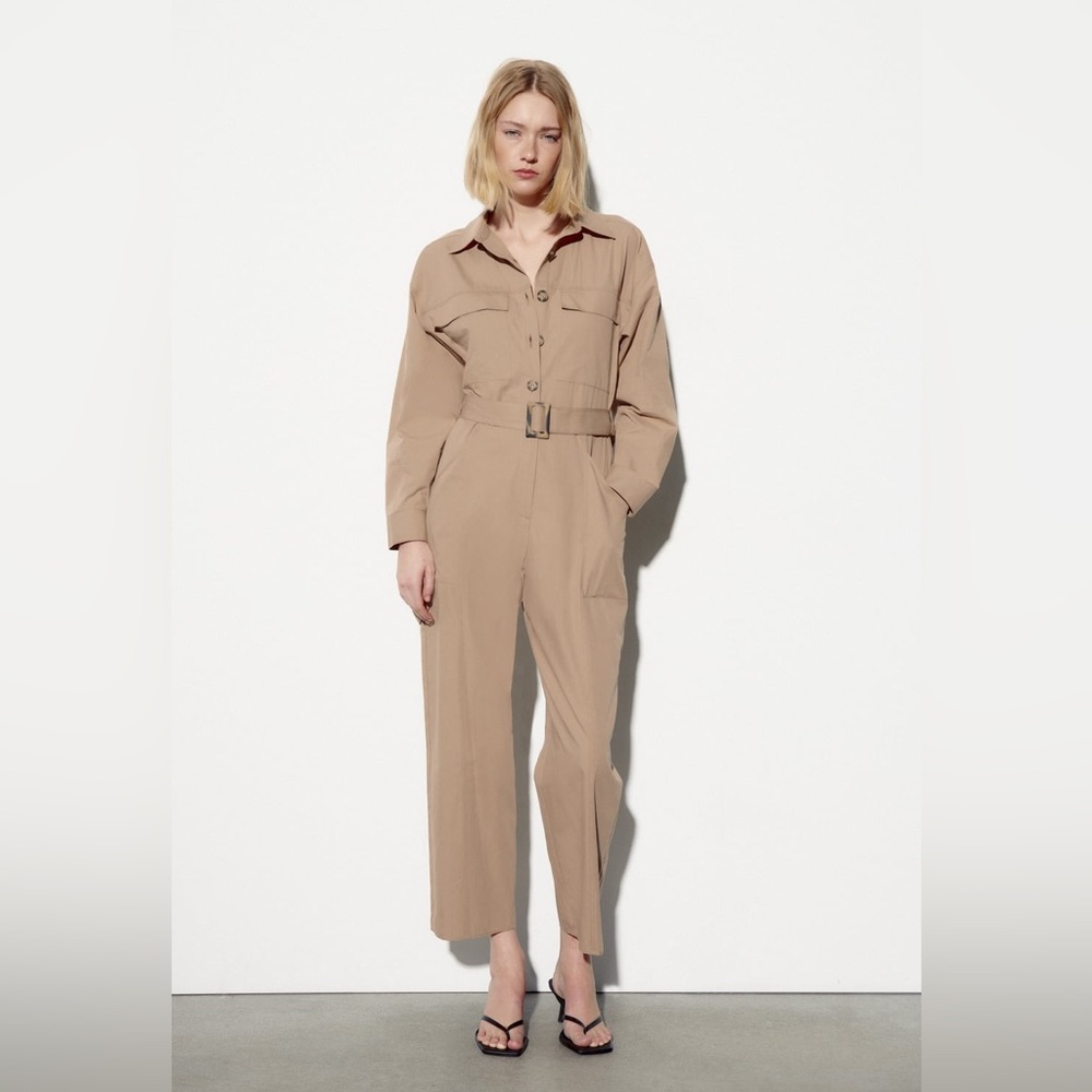 NWT ZARA LONG BELTED JUMPSUIT MID-CAMEL